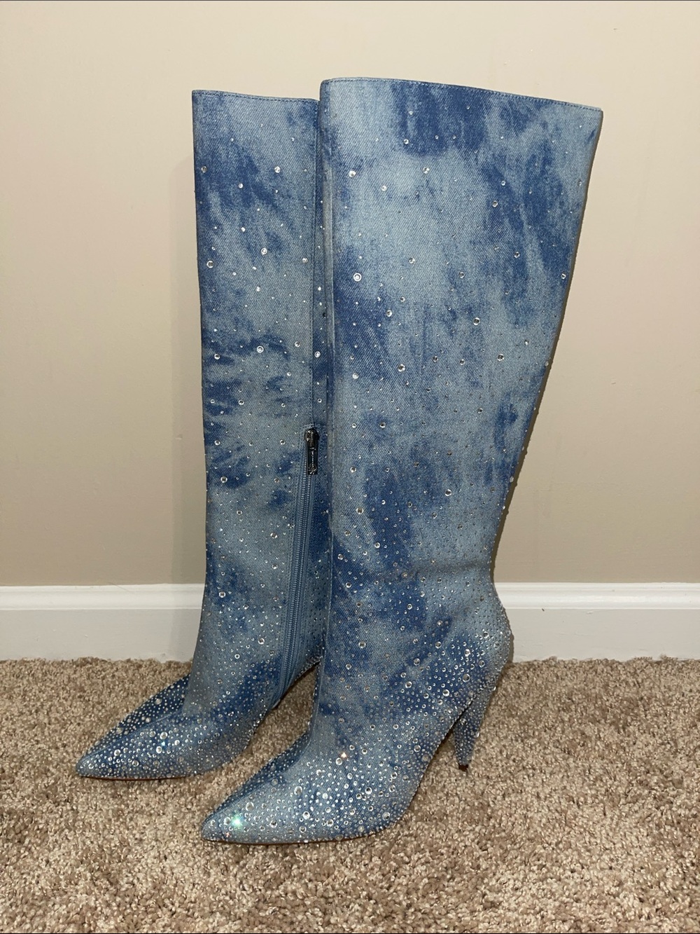 Jessica Simpson Blue Rhinestone Denim Knee-High Heeled Boots